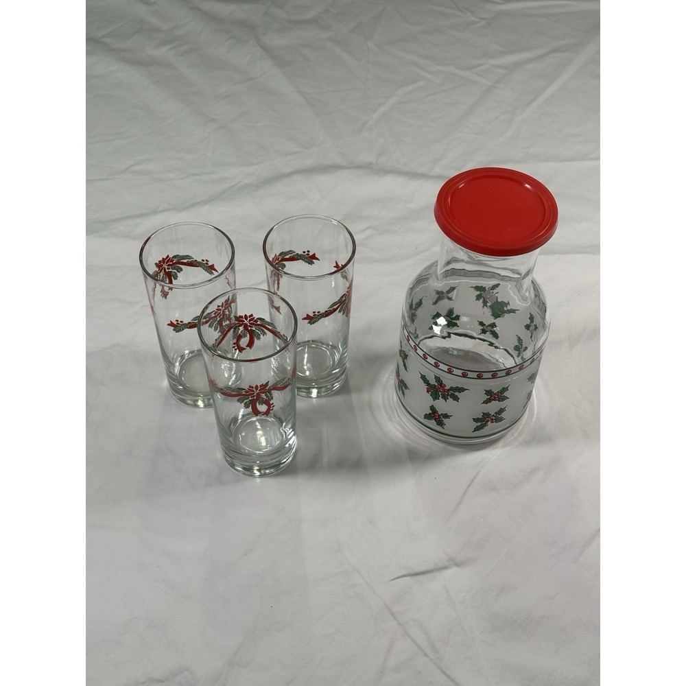 Vintage Holly Red Ribbon Glass‎ Decanter For Milk And Cookies Or Juice Christmas